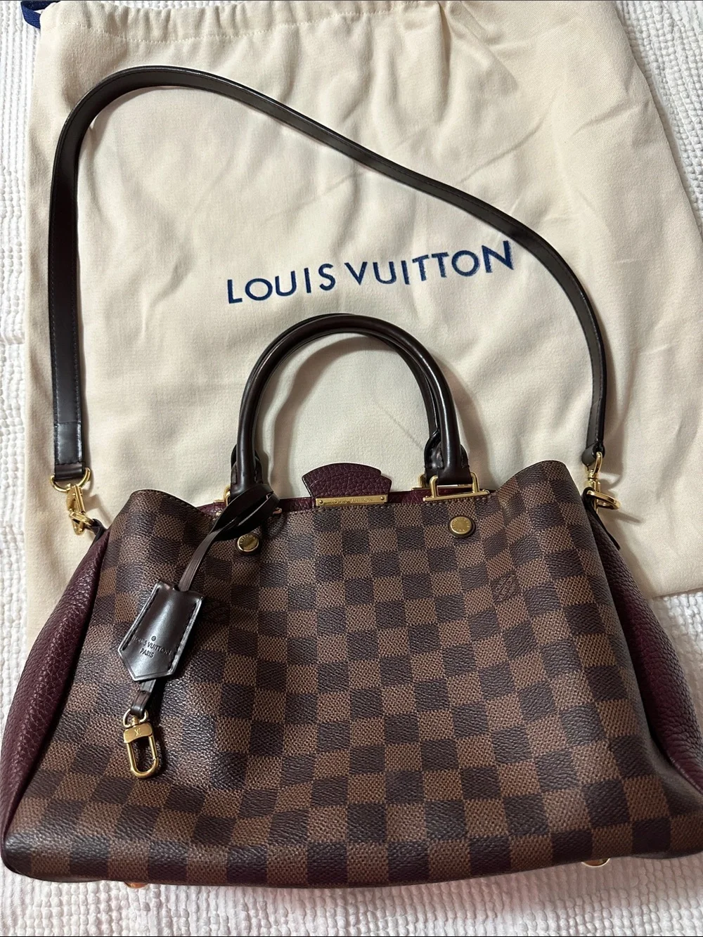 Louis Vuitton Damier Ebene Satchel with Dark Brown and Burgundy Trim